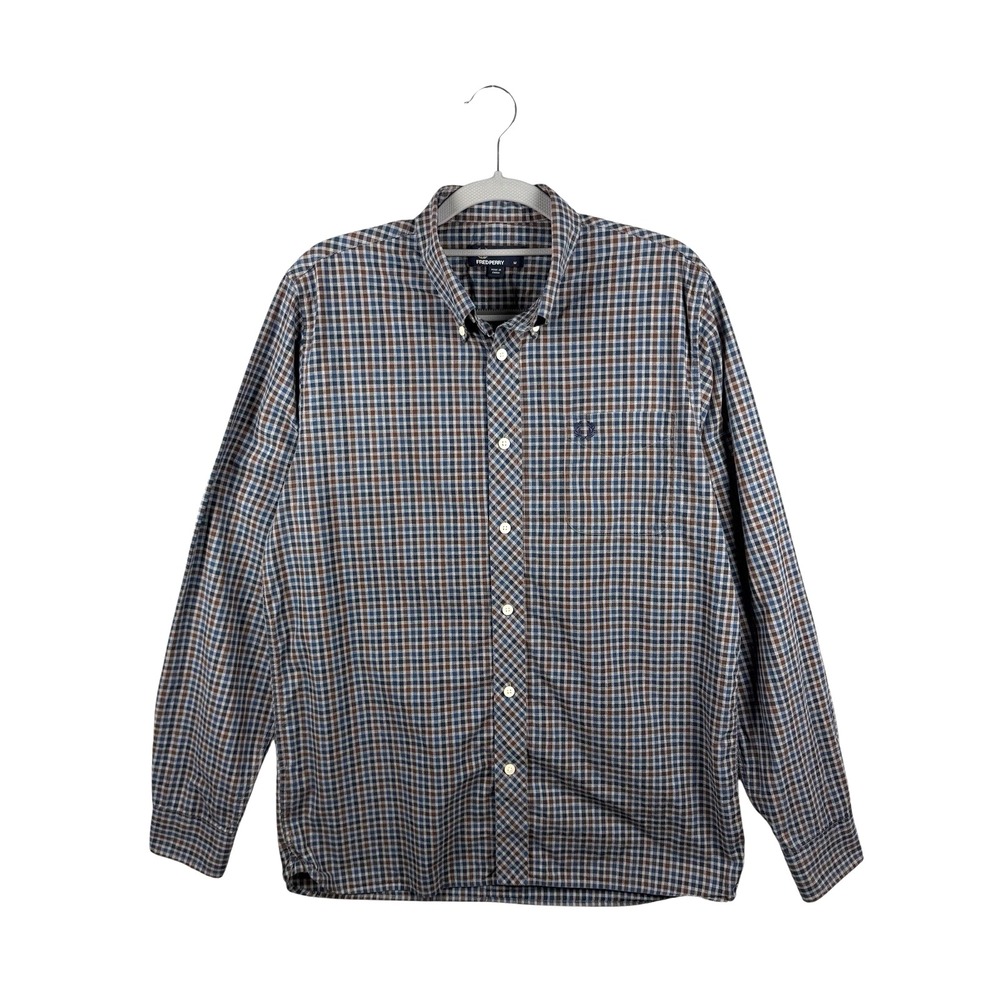FRED PERRY Long Sleeve Gingham Plaid Shirt Men's Size M, 100% Cotton